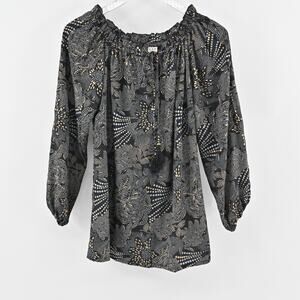 PAANI Top Womens Size S Black‎ Geometric Floral Print Tassel Tie Boho Blouse
